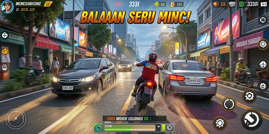 Screenshot gameplay menunjukkan balapan mendebarkan di trek yang menantang.