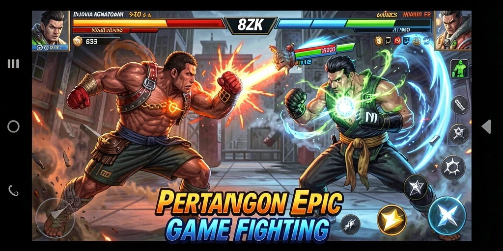 Screenshot gameplay 8ZK dengan pertarungan seru dan karakter unik.