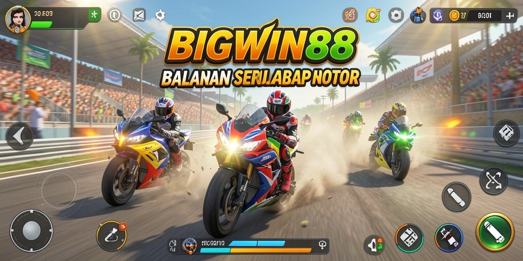 Tangkapan layar utama menunjukkan aksi balapan yang intens di BIGWIN88.