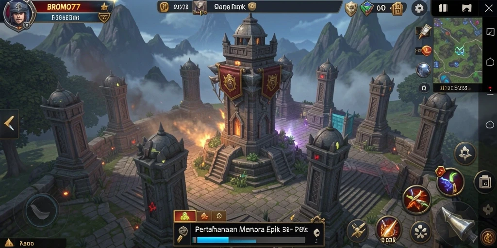 Tampilan gameplay BROMO77 dengan strategi Tower Defense yang mendebarkan.