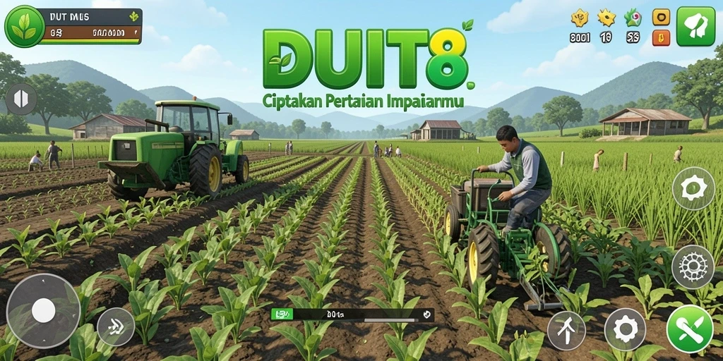 Tampilan gameplay <strong>DUIT8</strong> menampilkan pertanian yang indah dan interaktif.
