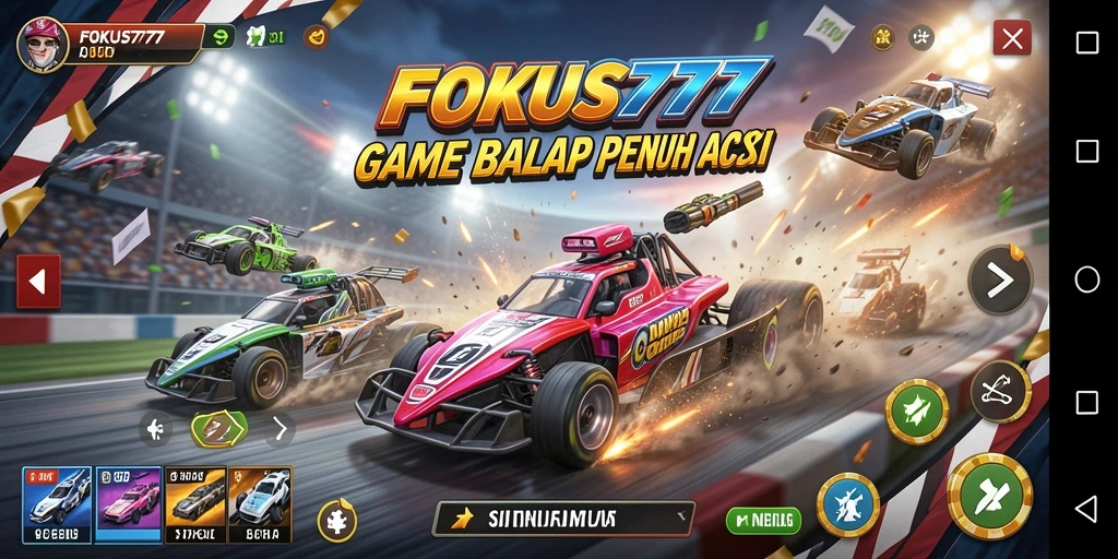 Tangkapan layar gameplay di FOKUS777 menunjukkan balapan mendebarkan dan mobil yang stylish.