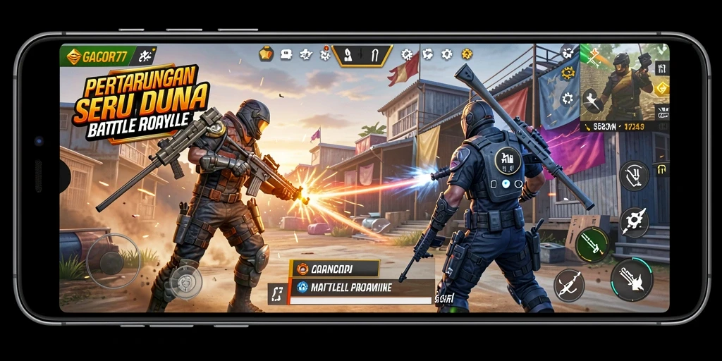 Tampilan gameplay menarik GACOR77 di arena Battle Royale.