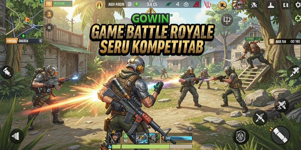 Tampilan gameplay GOWIN dengan pertempuran para pemain di medan perang.