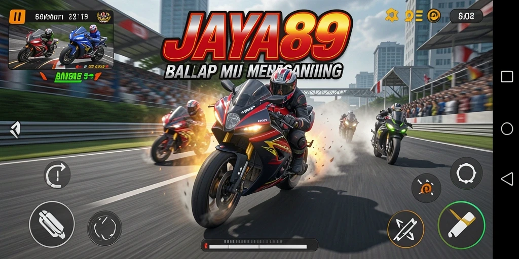 Screenshot utama JAYA89 menampilkan aksi balap motor yang mendebarkan.