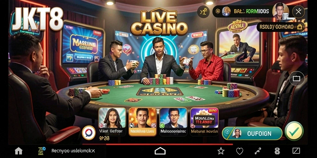 Screenshot utama JKT8 menampilkan dealer langsung dan suasana permainan yang mendebarkan.