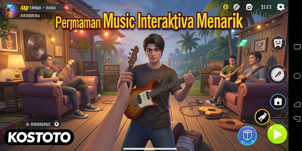 Tampilan gameplay KOSTOTO dengan instrumen interaktif yang menyenangkan.
