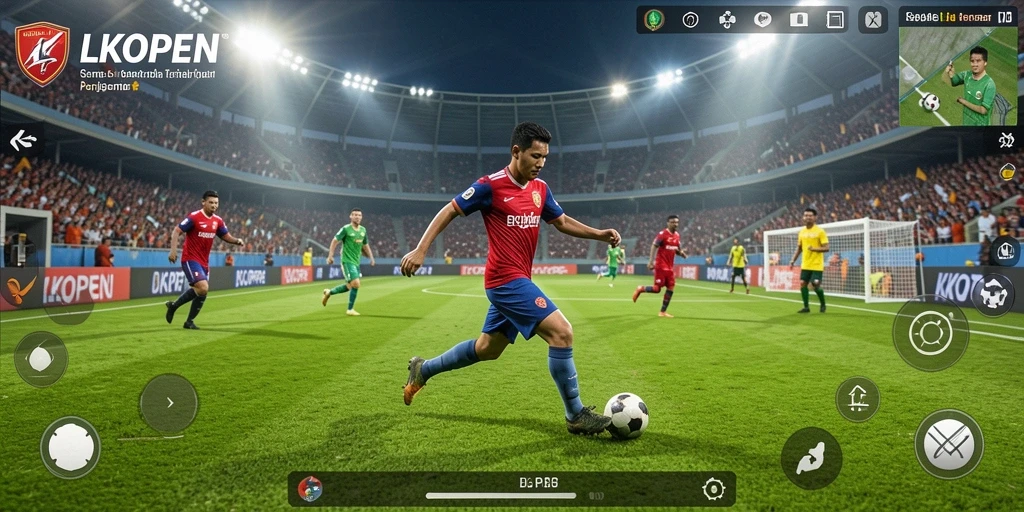 Screenshot utama LKOPEN menampilkan aksi bermain sepak bola yang mendebarkan.