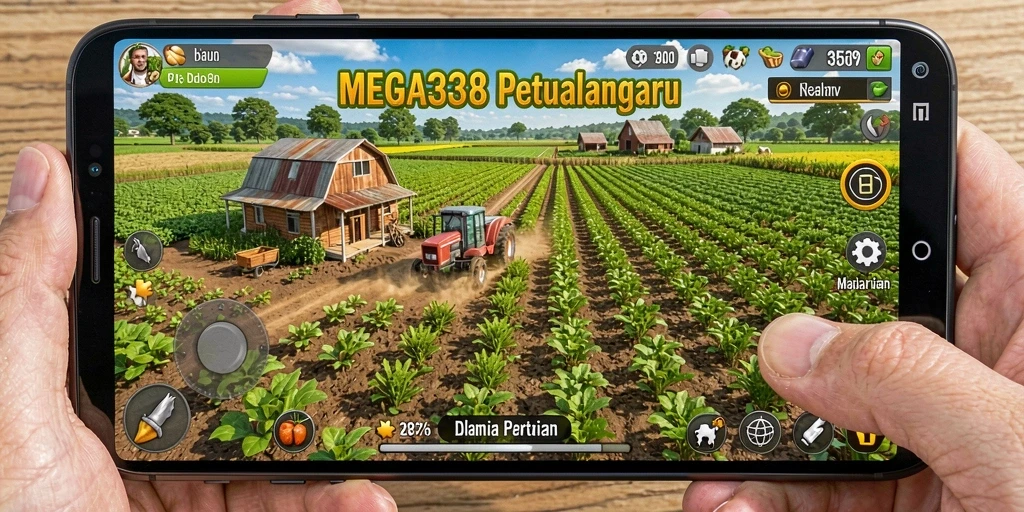 Screenshot utama MEGA338 menampilkan aktivitas bercocok tanam yang seru dan interaktif.