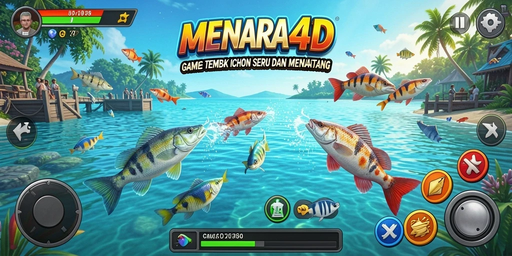 Tampilan gameplay seru MENARA4D saat menembak ikan besar di lautan.