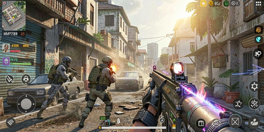 Screenshot utama yang menampilkan aksi seru dalam gameplay TPS MVP789.