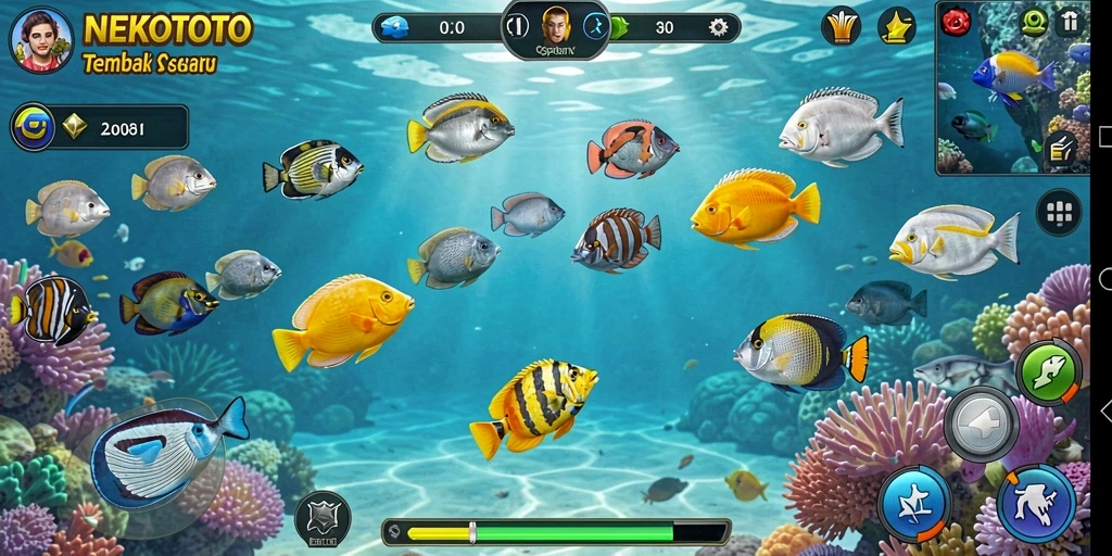 Tampilan gameplay yang menarik dalam NEKOTOTO, menembaki ikan dengan seru.