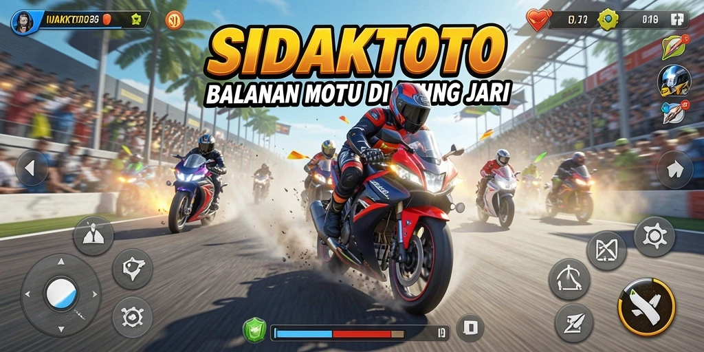 Screenshot gameplay SIDAKTOTO dengan aksi balapan motor yang seru.