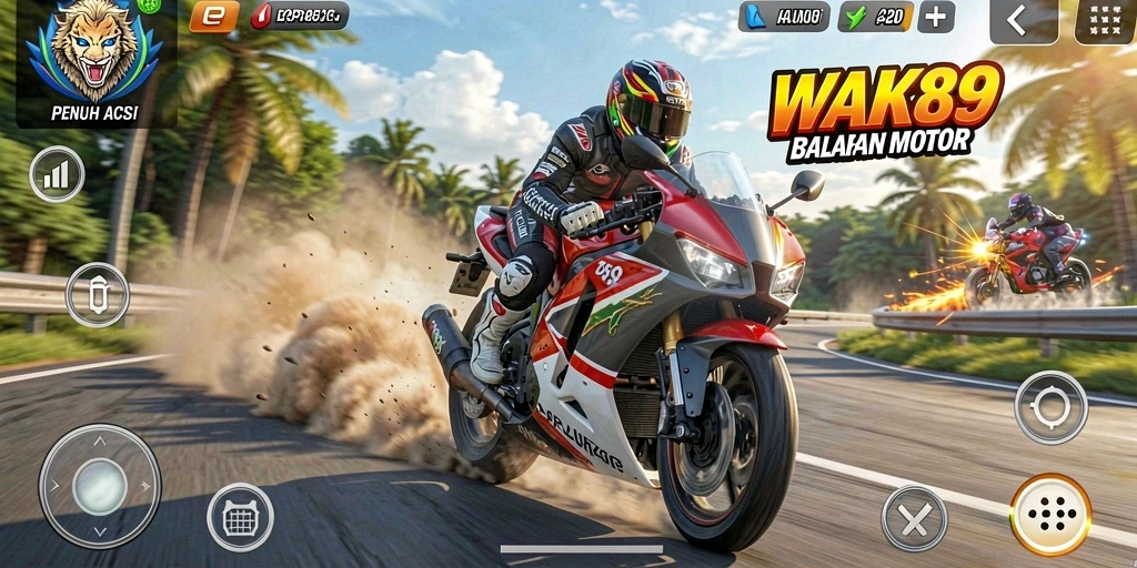 Screenshot WAK89 menampilkan aksi balapan motor yang mendebarkan.